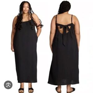 Sol Angeles Plus Black Gauze Midi Dress Tie Back Spaghetti Strap